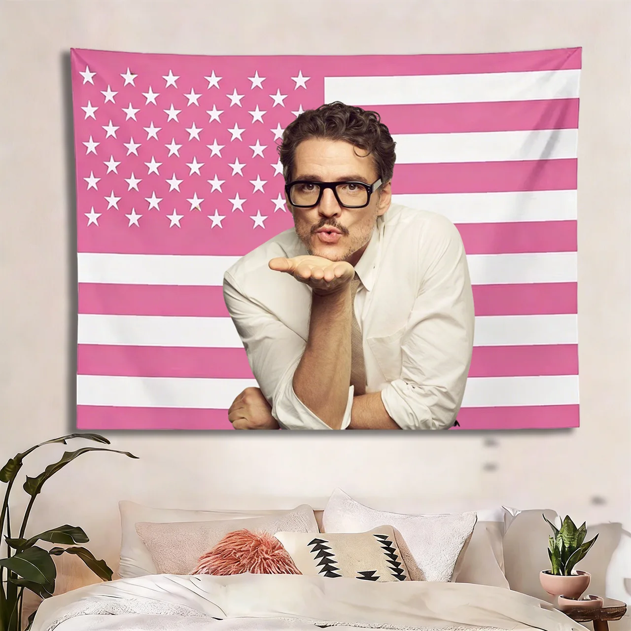 Pedro Pascal Pink American Flag Tapestry, Aesthetic Wall Art, Bedroom Dorm Decor, Celebrity Fan Room Gift