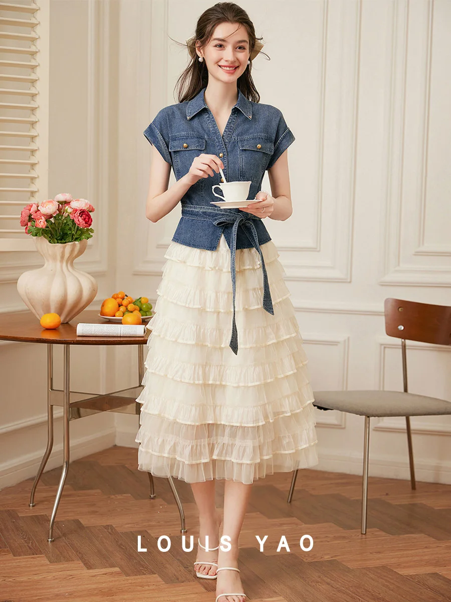 

LOUIS YAO 2025 Summer Cake Skirt Contrast Color Splicing Dress New Elegant Non Elastic Lace Up Women's Dress