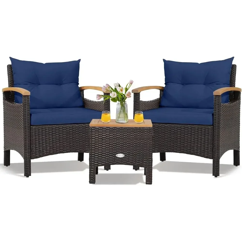 Navy Blue Outdoor 3-Piece Patio Furniture Set with Cushions, Acacia Wood and PE Rattan Wicker