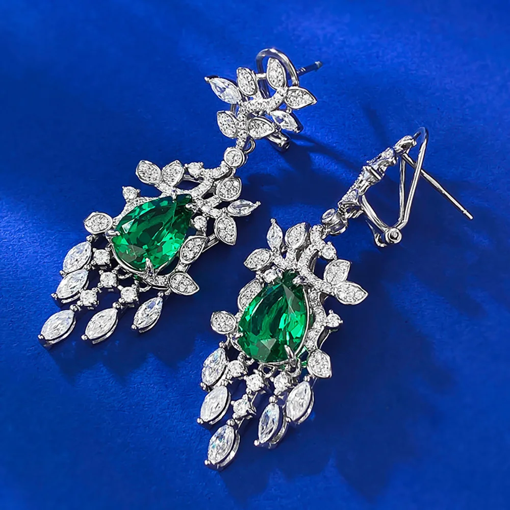 2023 Trend 8*12mm Emerald Lab Diamond Leaf Drop Dangle Earrings for Women 925 Sterling Silver Gemstone Wedding Fine Jewelry Gift