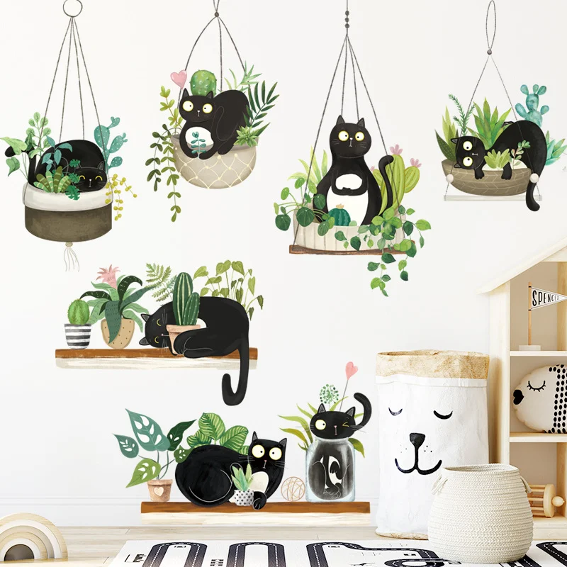 Watercolor Black Cat Hanging Basket Potted Wall Stickers, 7 Styles Kitten Cactus Green Plant Kids Bedroom Decor