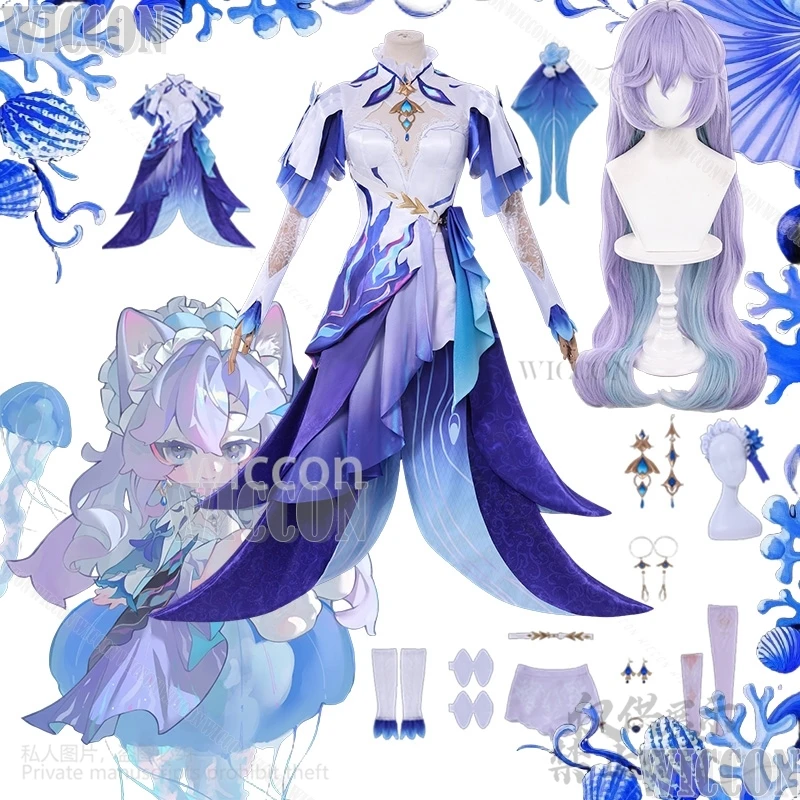 

Wuthering Waves Cantarella Cosplay Jellyfish Irregular Dress Blue Purple Lolita Headwear Furry Wig Girl Carnival Suit Customized