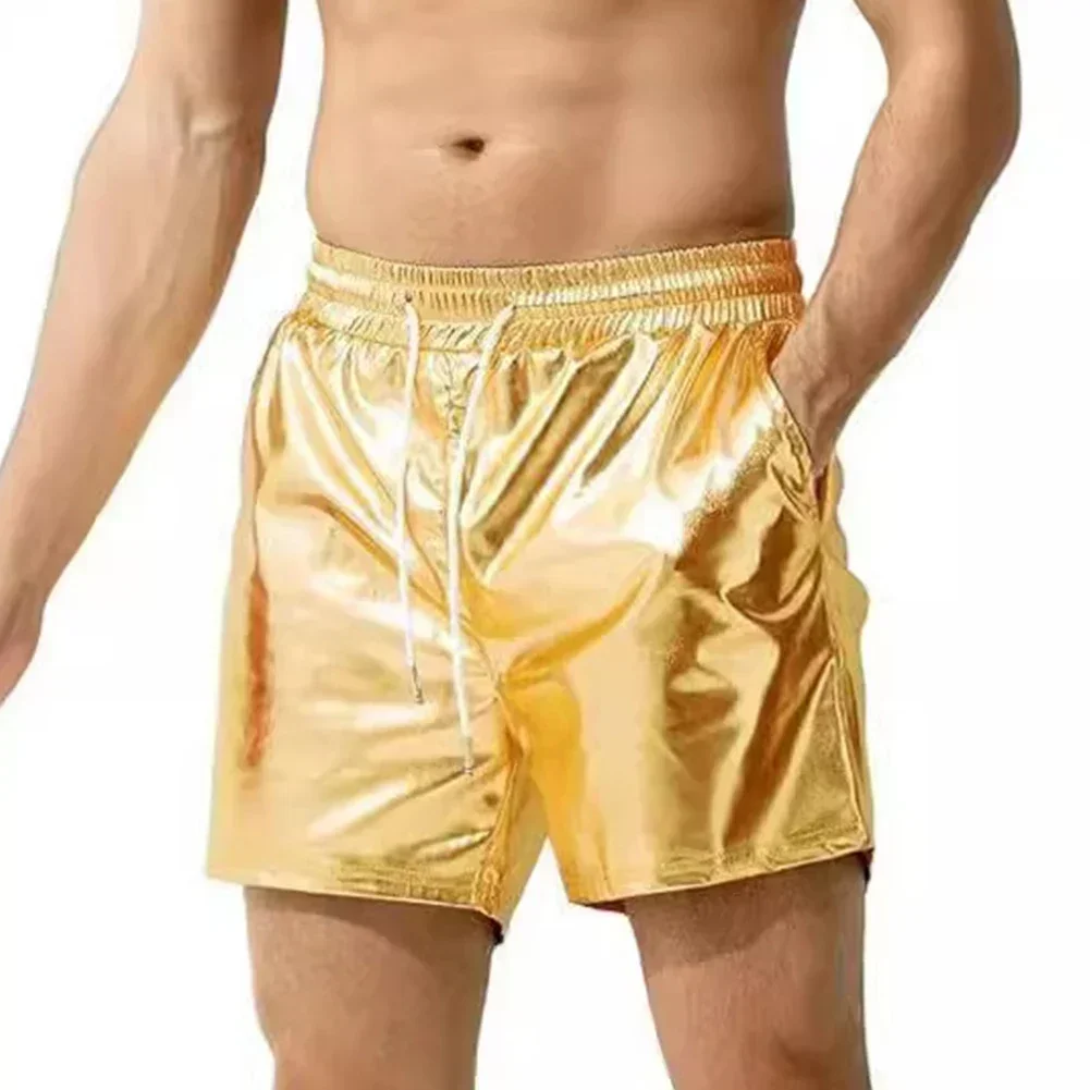 Mens Wet Look Shinny Glossy Trunks Sports Loose Straight Shorts Beach Fitness GYM Short Pants Solid Bright Leather Men Shorts