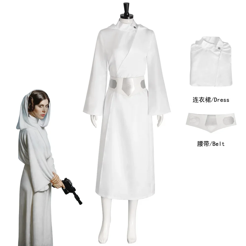 

Leia Organa Solo White Long Sleeve Dress Cosplay Costume Halloween Masquerade Carnival Dress Up Party Outfits for Women