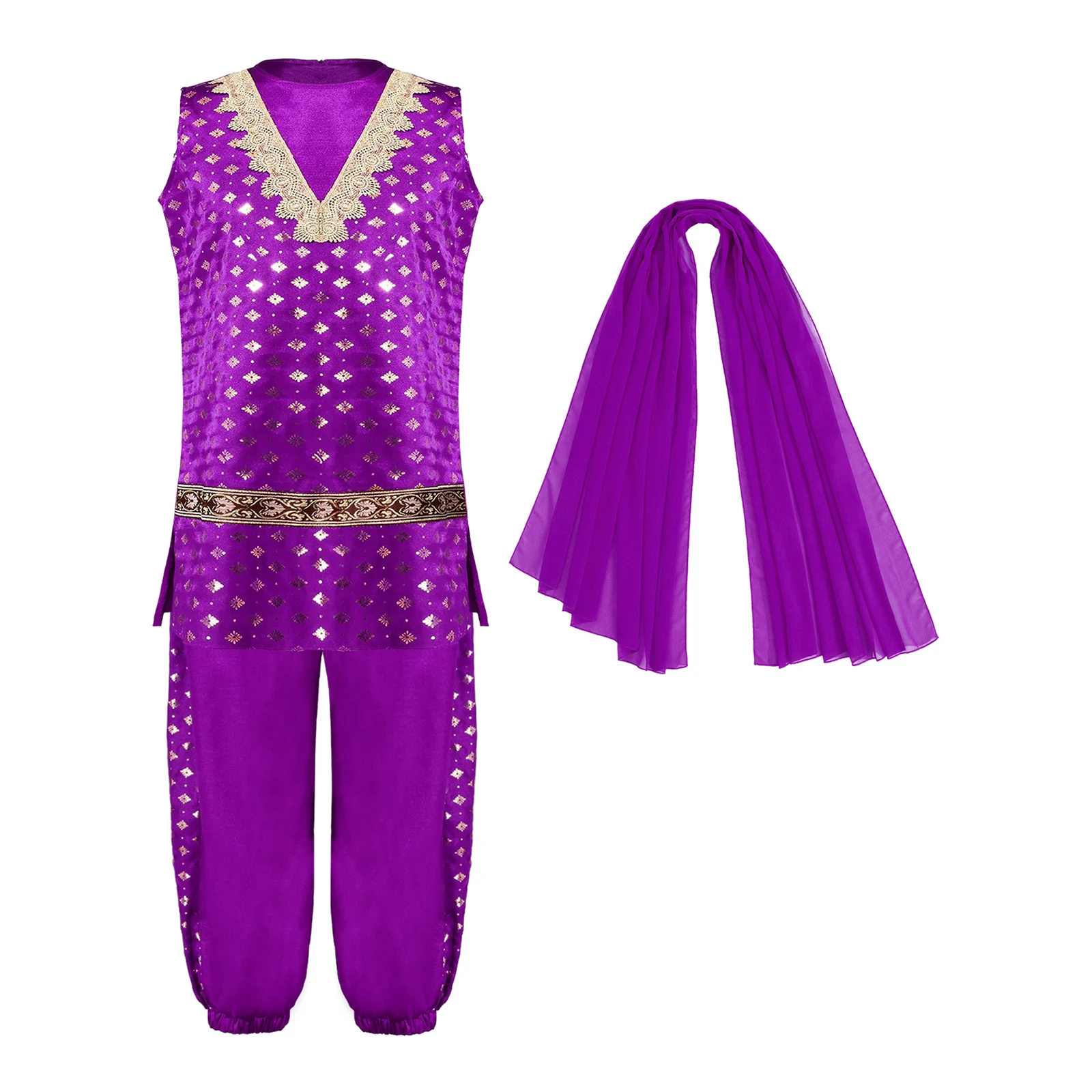 الهند باكستان الملابس فستان الرقص زي العرقية نمط الفتاة اليومية العرقية مجموعة بلا أكمام الجانبين الظهر وشاح من الساتان البنطلونات