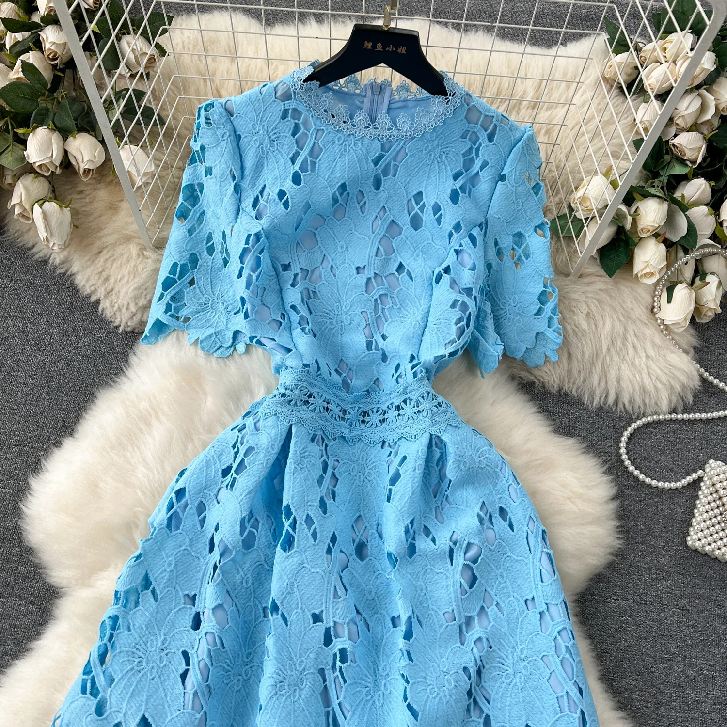 Franse vintage korte mouw kanten uitgesneden jurk A-lijn chic casual strandvakantie dames zomer O-hals jurken