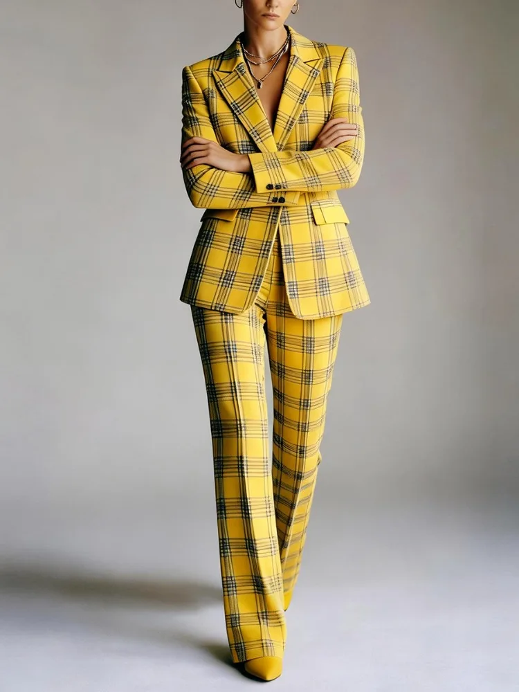 Yeezzi Office Lady Contrast Color Plaid Notched Collar Blazer 2026 New Long Sleeves Single Button Urban Casual Work Suit Jackets