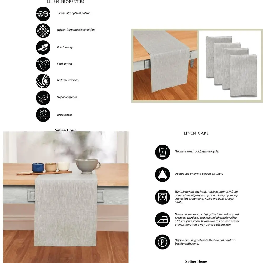 

100% Linen Table Runner & Napkins Set - Oyster Grey, 14x48 Runner, 20x20 Napkins, Set of 4