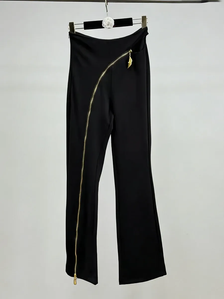 Metal Zipper Design Micro Flare Pants for Women Spring High Waist Aesthetic Bootcut Pant Female Slim Trousers Streetwear 2026