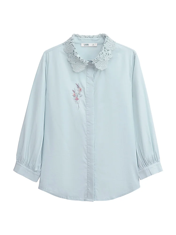 I BELIEVE YOU Women's Shirt Stand Collar Lantern Sleeves T-shirts Gentle Embroidery Satin Fabric Female Clothing 2221054314