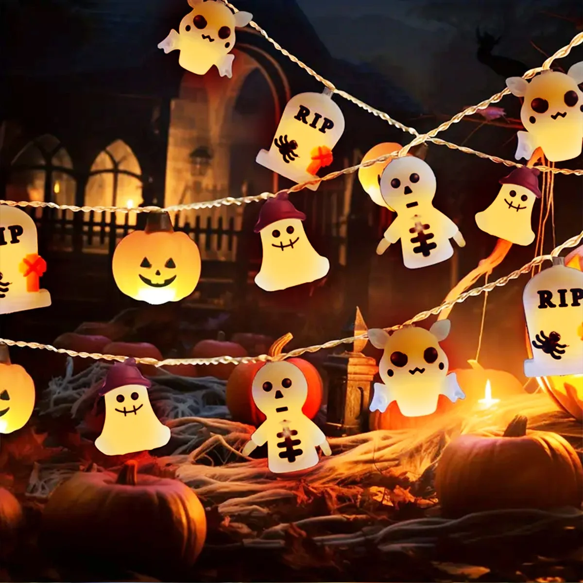 1pc 10/20 LED Halloween Soft Silicone Pumpkin Tombstone Skeleton Ghost Bat String Light For Home Bedroom Halloween Festival Deco