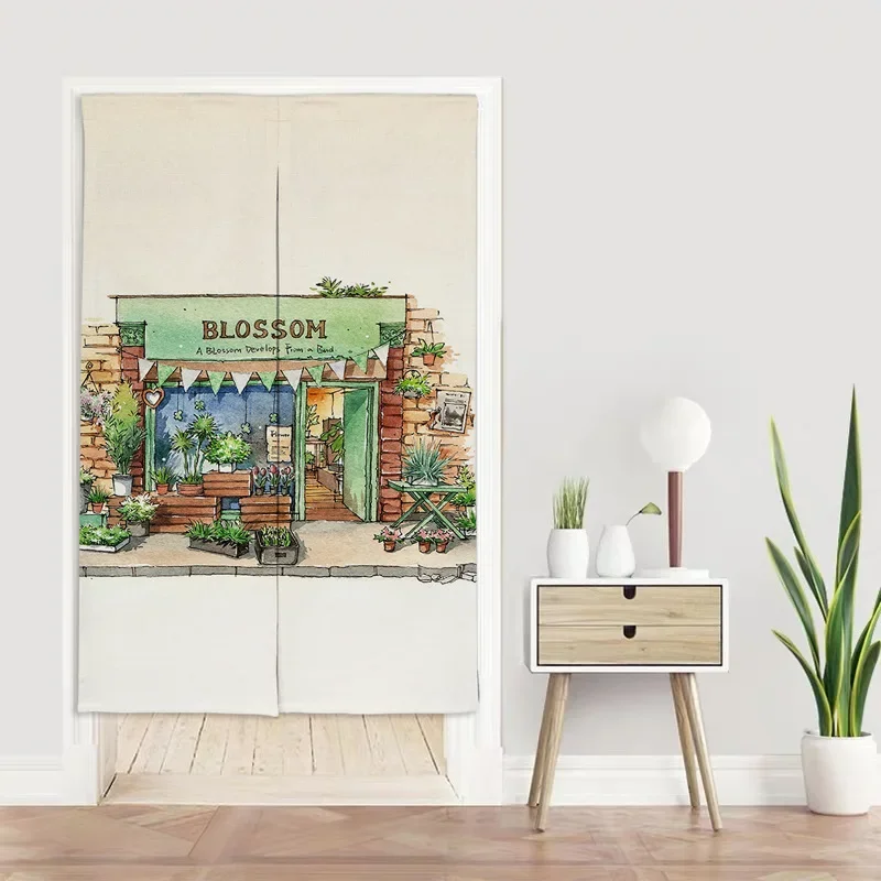 Hand-painted Street View Japanese Door Curtains Kitchen Bedroom Doorway Partition Decor Linen Entrance Noren Hanging Curtains