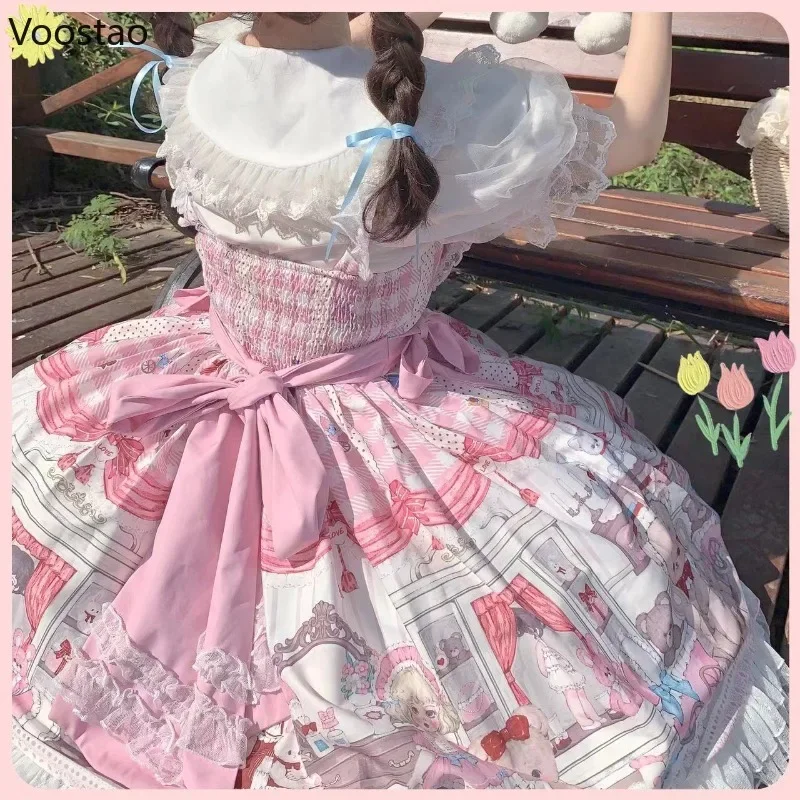 Japanische süße Lolita Jsk Kleid Frauen Kawaii Cartoon Bär Puppe drucken Spitze Rüschen Bogen Party Mini Kleider Mädchen niedlichen Prinzessin Kleid