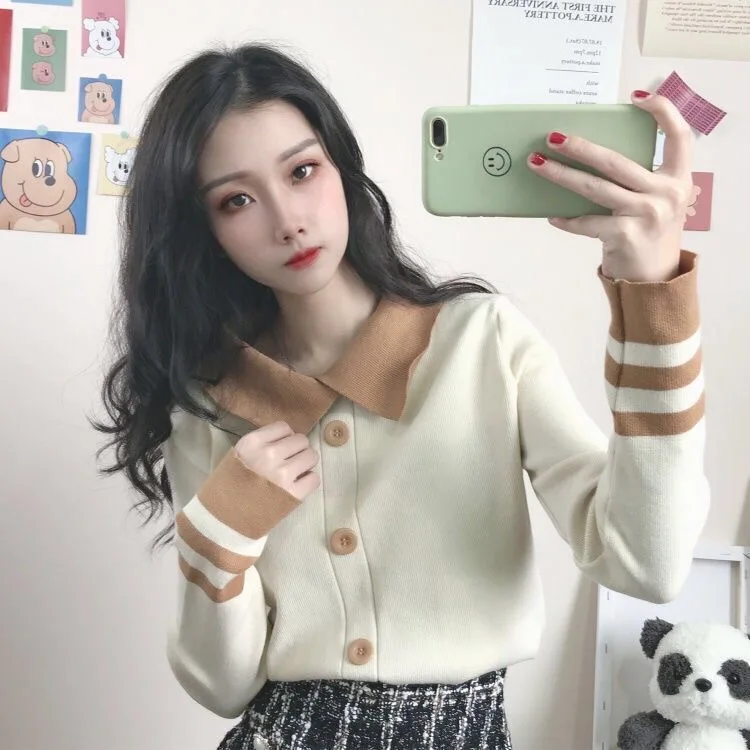 Cute Peter-Pan Neck Contrast Pullover Sweater Women Elegant Black Beige Red White Knit Wear Spring Autumn Long Sleeve Button Top