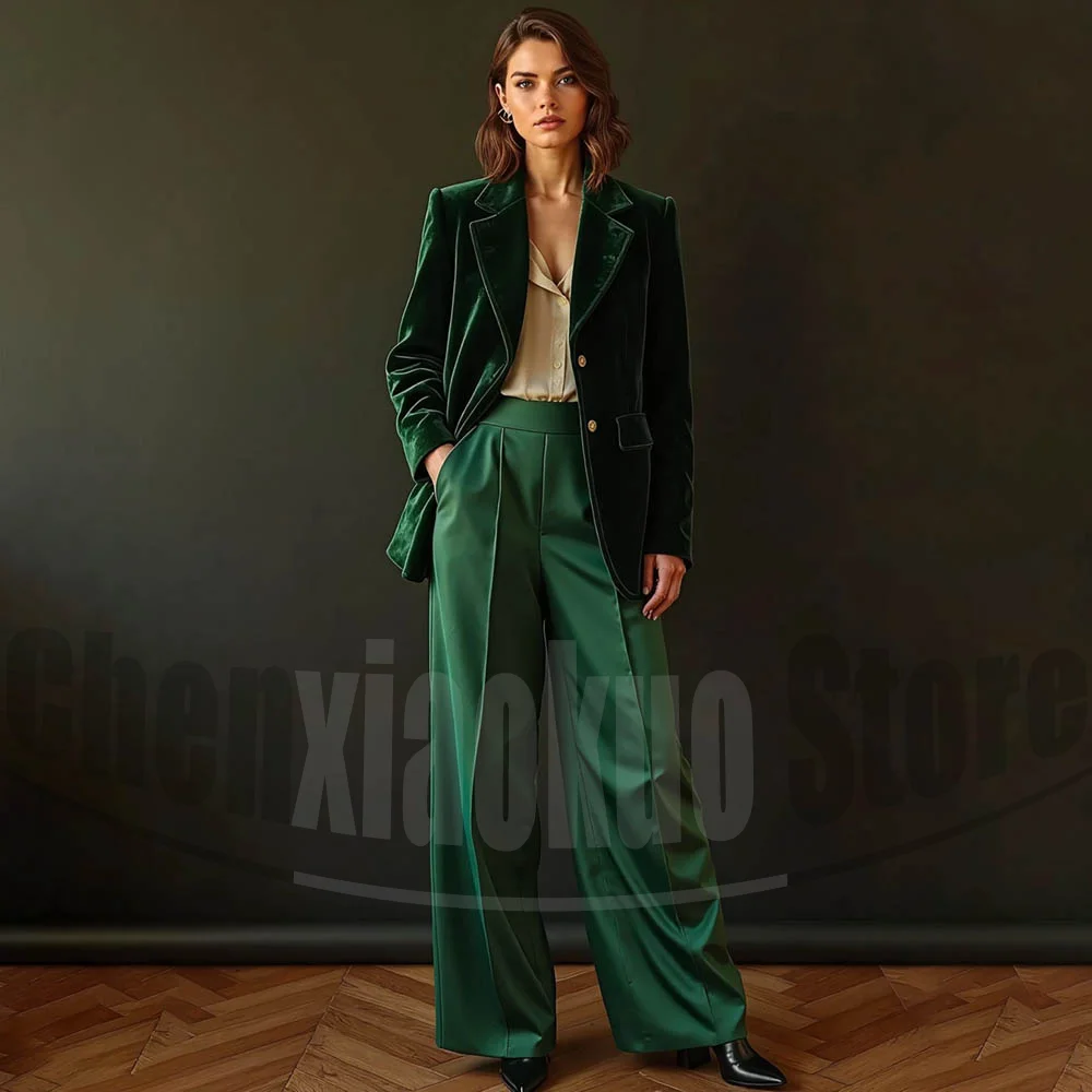 

Women Suit Chic Single Breasted Notch Lapel Wear Luxurious Velvet Blazer and Satin Pants Set Party Evening Formal Suits
