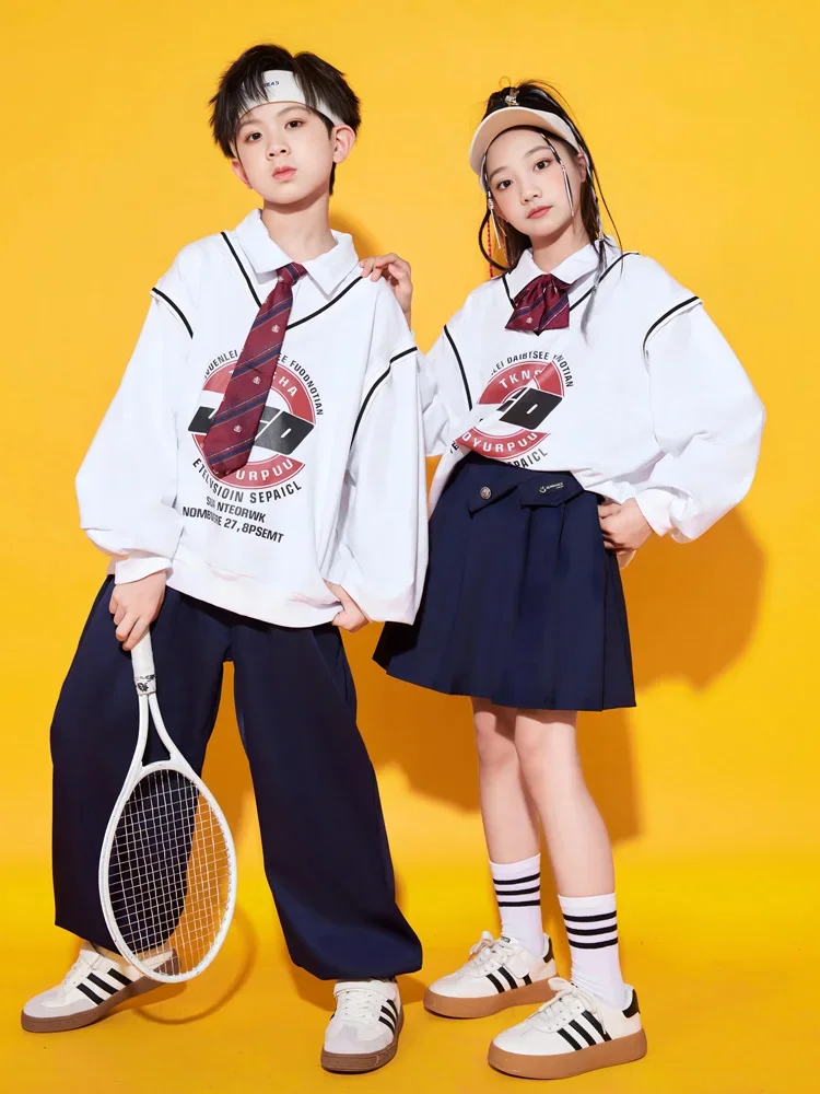 Jungen Hip Hop Kleidung College Stil gefälschte zweiteilige Top Marine Hosen Rock für Mädchen Kinder Jazz Dance Kostüm Kleidung Set