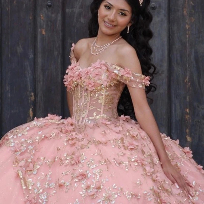 Pink Princess Quinceanera Dresses Off the Shoulder 3D Flower Applique Lace Corset Cinderella Prom Birthday Lace-up Sweet 16Dress