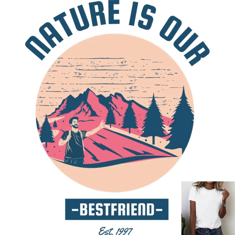 Outdoor Hiking Theme Heat Transfer White Ink Iron - on Patch, Nature Landscape Pattern, Suitable for T - shirts/Canvas Bags,
