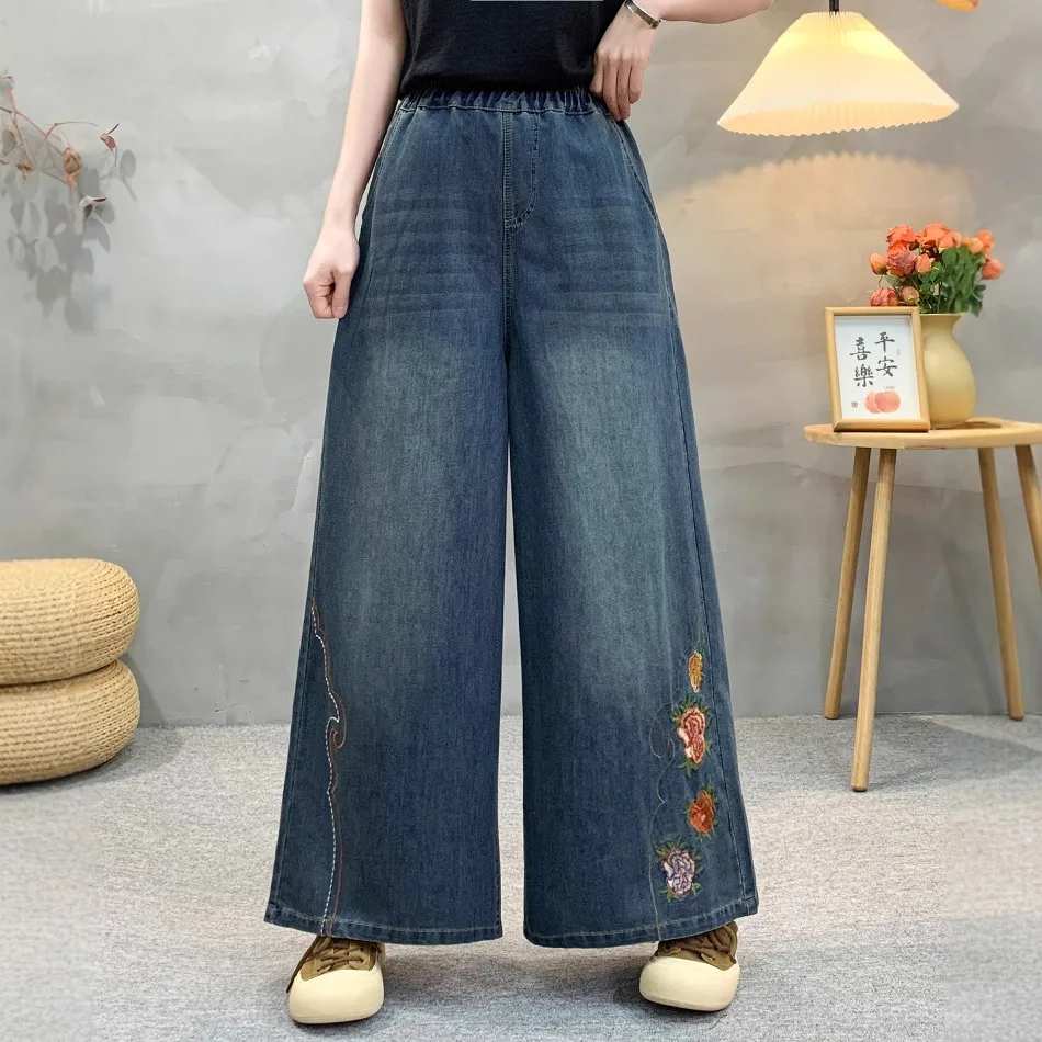 2025年夏新作 デニムコットンジーンズ レディース ウエストゴム 花柄刺繍 モリーガール ヴィンテージ ルーズストレートパンツ B55951CC