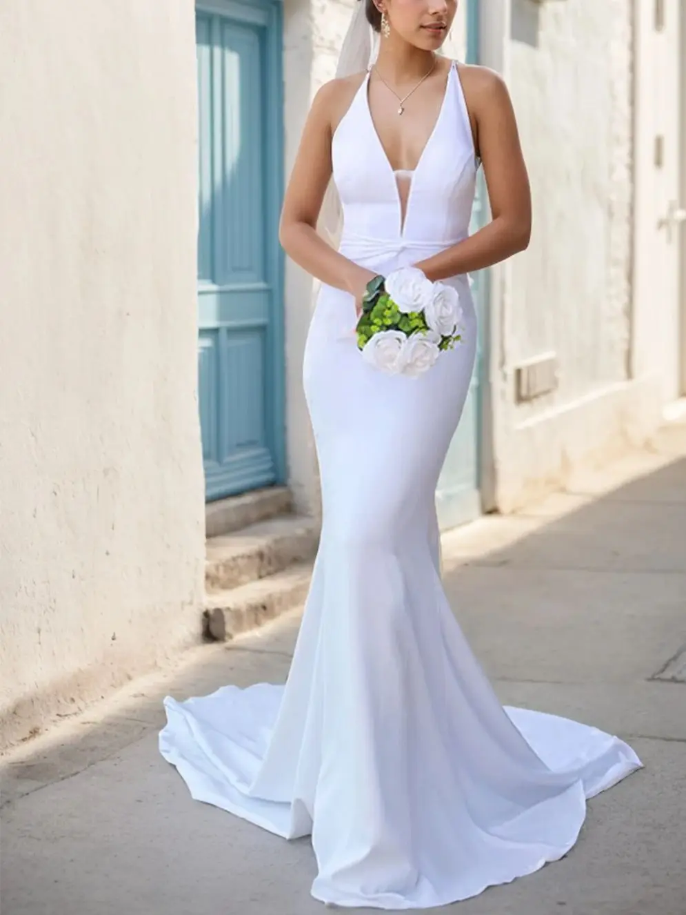 

Fashions Elegant Sheath Prom Evening Dress V Neck Sleeveless Stretch Crepe Sweep Train Wedding Guest Dress 2025 Free Customized