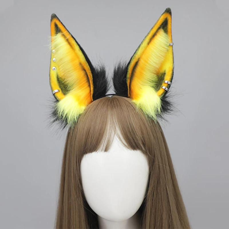 Plush Animal Ears Hairband Cosplay Headwear Halloween Accessories Girls Game Anime Plush Ear Headband, With Metal Stud Earrings