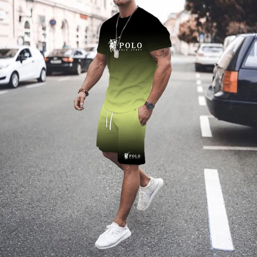 Men's Two-piece Set, Casual T-shirt With 3D Letter Patterns, Street Style, Fashionable Capri Pants Set