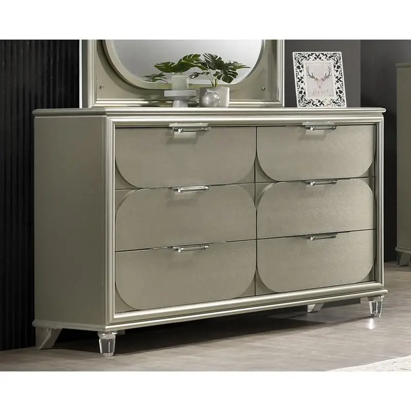 Contemporary Silver Dresser with 6 Drawers, Acrylic Handles, Embossed Panels, English Dovetail Joinery