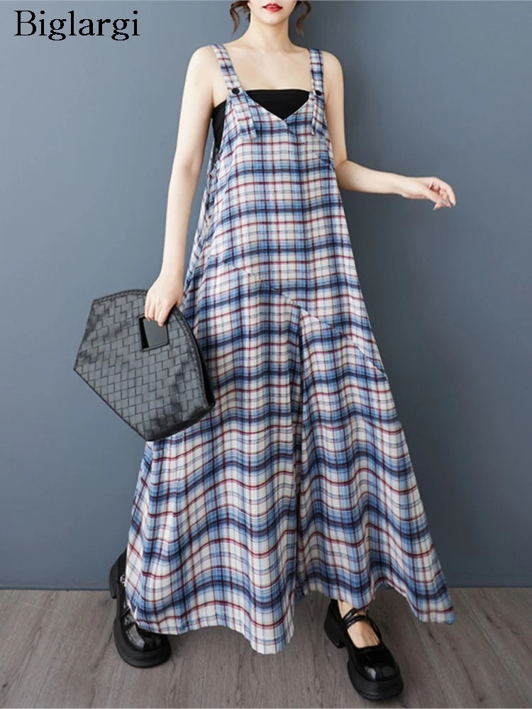 

Oversized Spring Summer Sleeveless Overalls Pant Women Plaid Striped Print Fashion Ladies Overalls Trousers Loose Woman Pants