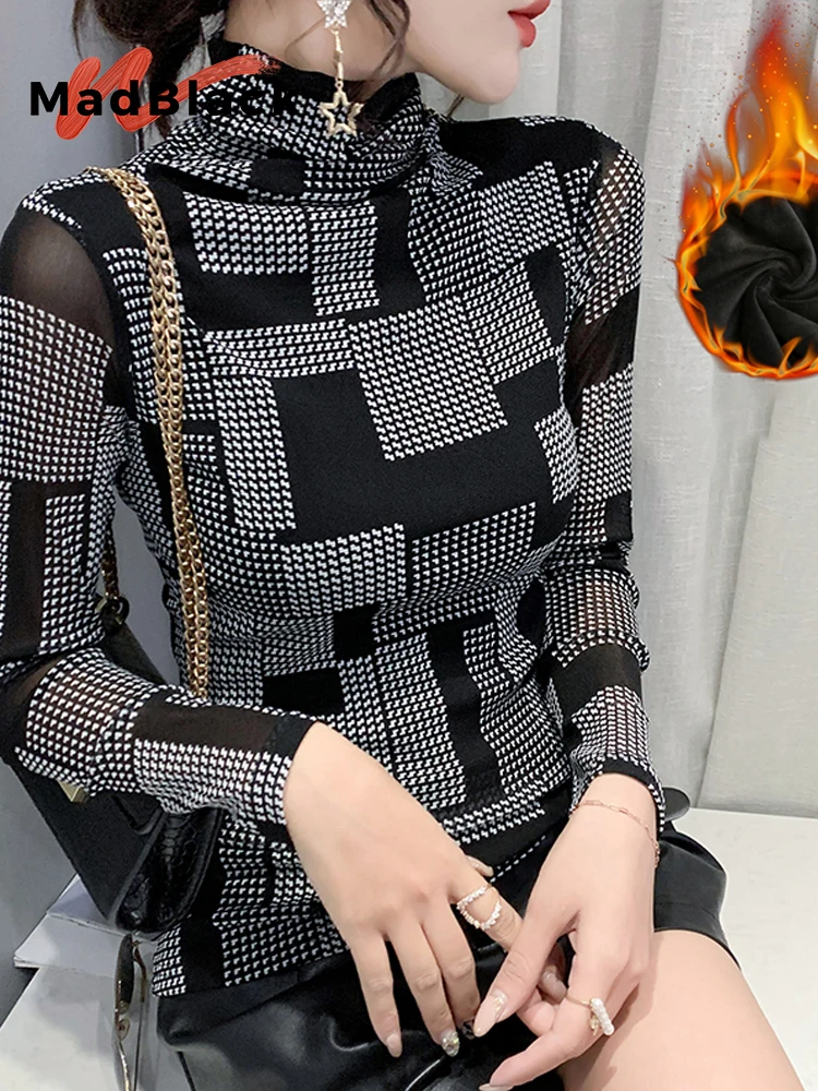 

MadBlack-Women's European Fleece T-Shirt, Sexy Mock Neck Printed, Fashion Long Sleeve Slim S-3XL Tee, 2025 Winter New T5N477CC