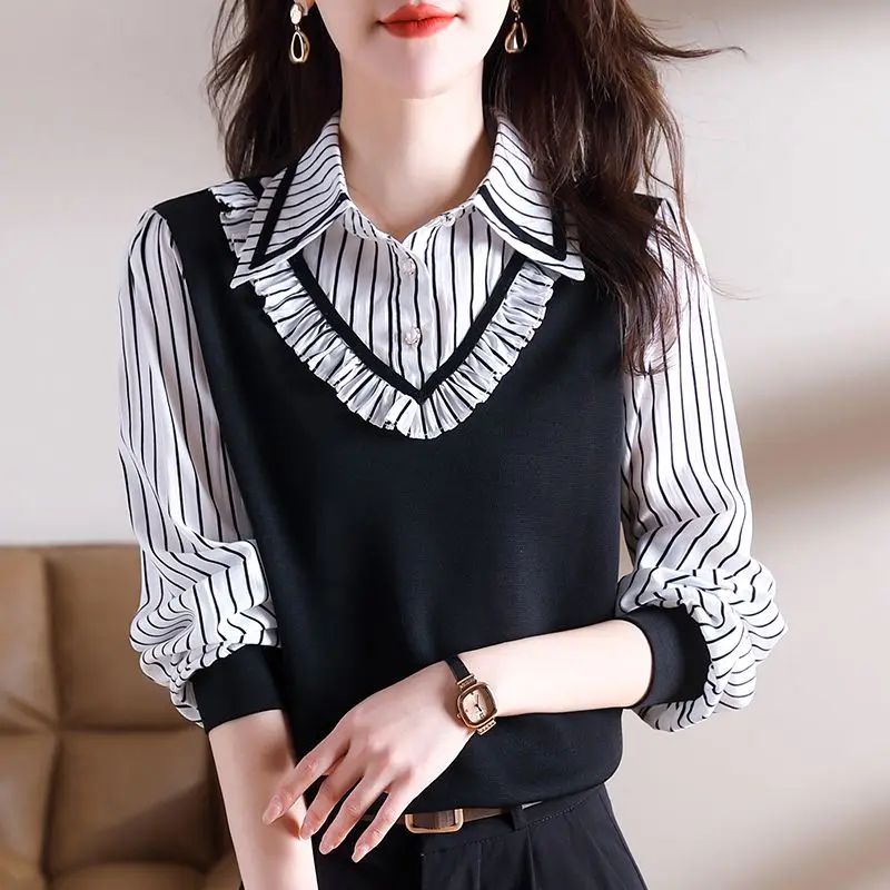 Women\'s Fake Two Piece Pullover Striped Polo Neck Button 2023 Spring and Autumn Long Sleeve Folds Patchwork Casual Shirt Tops