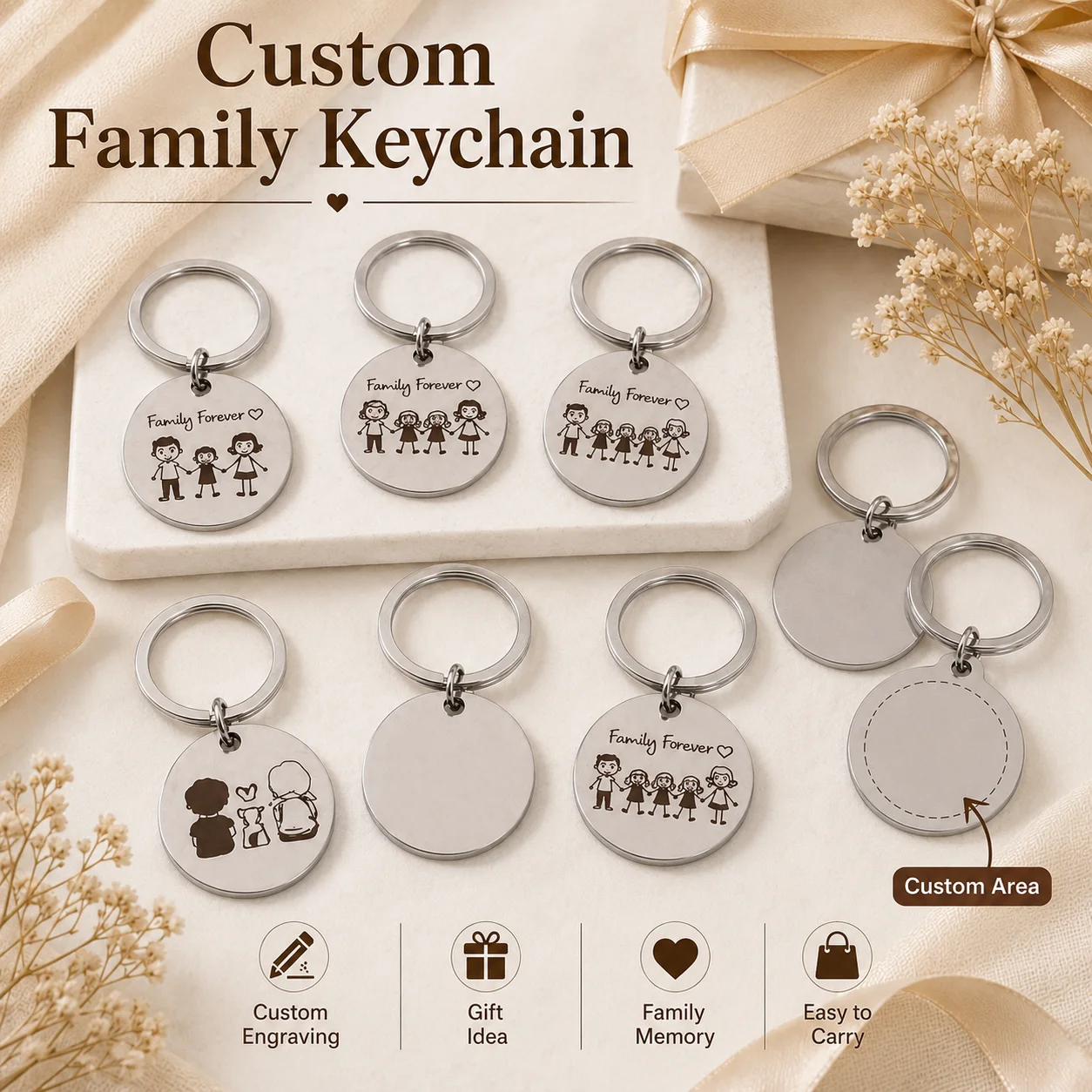 Custom Engraved Keychain Stainless Steel Rustproof Key Ring Personalized Gift with Names Laser Etched Keepsake for Mom Dad Husba