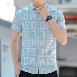 Men's Clothing Summer Letter Short Sleeve Button Turn-down Collar Cardigan Contrast Color Shirt Casual Fashion Retro Tops