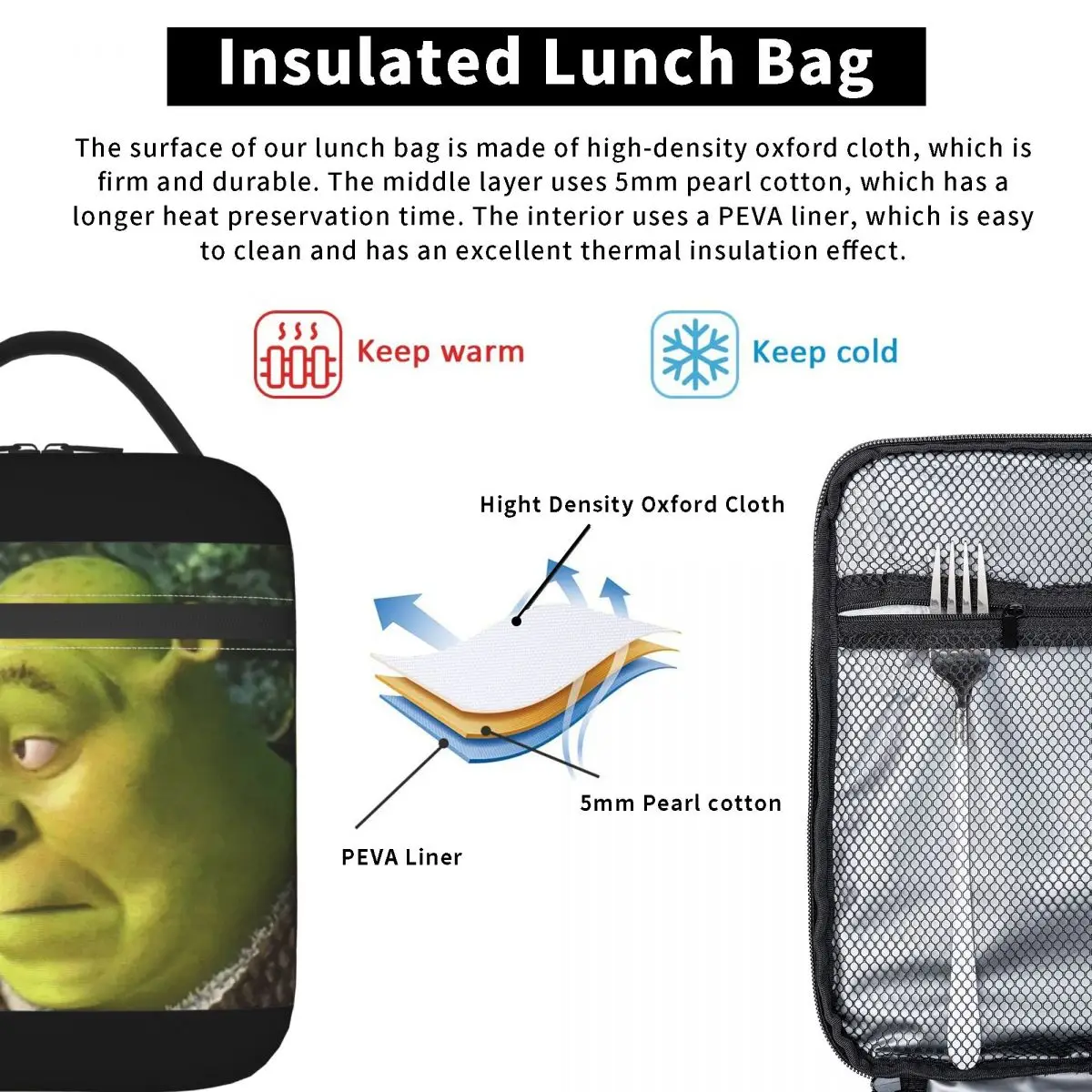 Sac à lunch isotherme thermique Shreks Meme pour l'école, boîte à bento portable pour hommes et femmes, boîtes à lunch thermiques plus fraîches, visage Shreks drôle