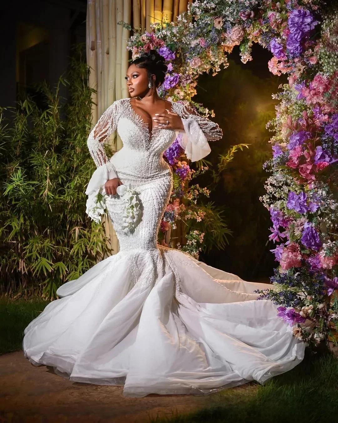

Свадебное платье Aso Ebi фасона «русалка» больших размеров на заказ, с иллюзорным прозрачным вырезом, длинными рукавами, расшитое бисером, кружевное, из тюля