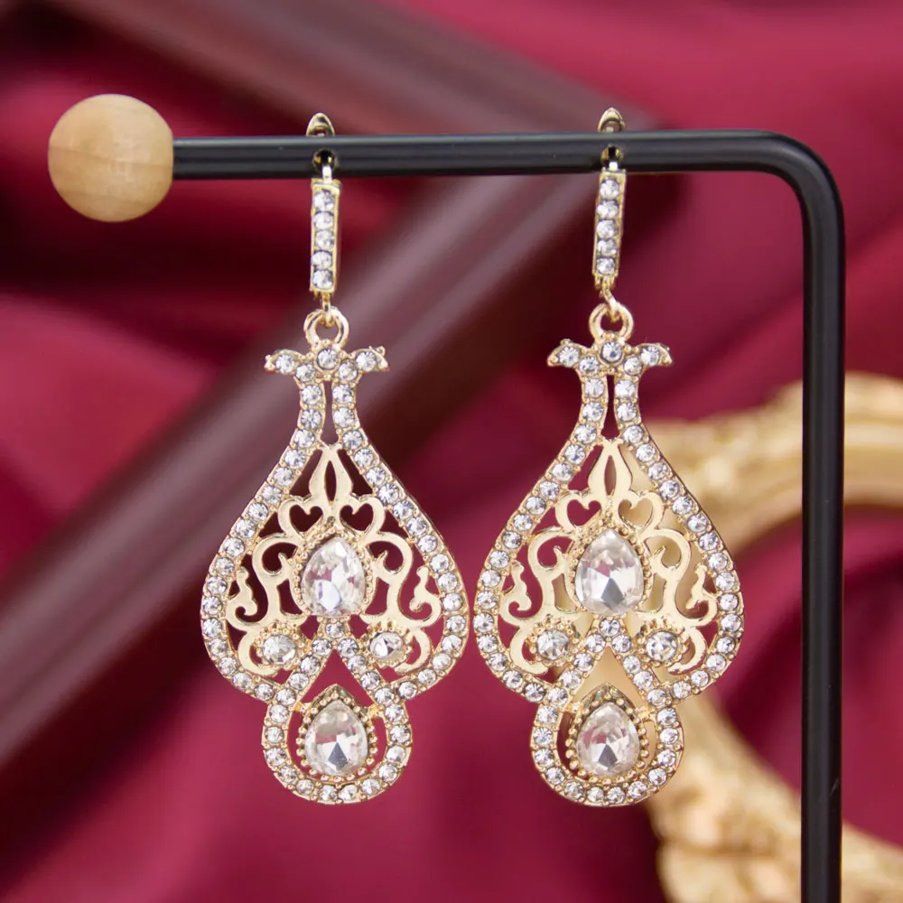 Sunspicems Chic Crystal Turkish Earring for Women Gold Color Algeria Moroccan Bridal Wedding Jewelry Arabian  Drop Earring