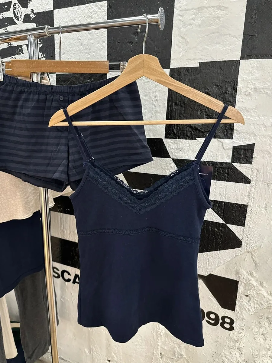 

Vintage Navy Lace Trim Slim Tank Tops Women Casual Bow V-Neck Sleeveless Cotton Cropped Vest Sweet Chic Streetwear Crop Top Y2K