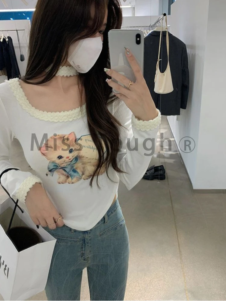 Winter White Sexy kawaii Tops Women Cat Print Korean Fashion Slim y2k tos Female Japanese Ruffled Casual Elegant Tops 2023 New