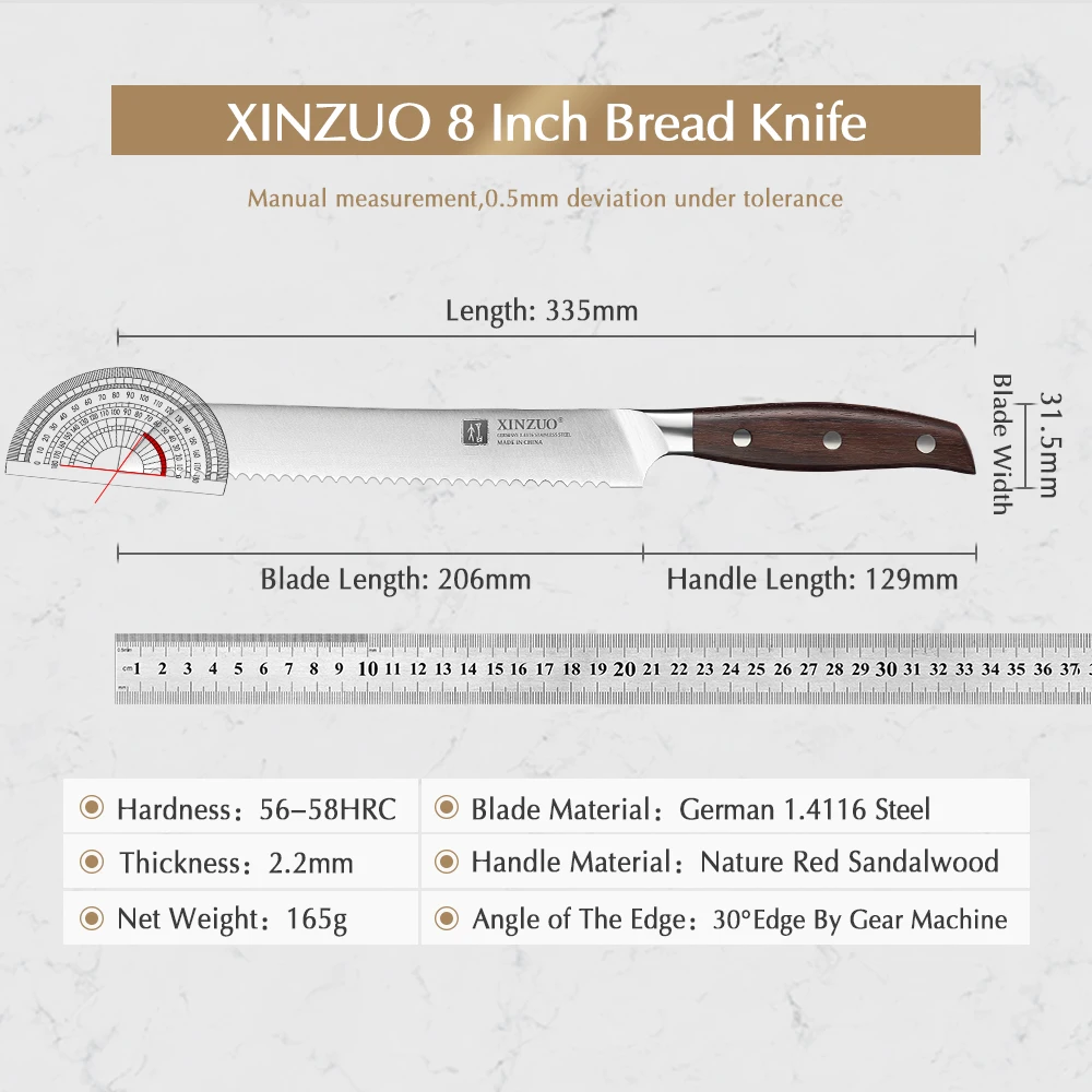 XINZUO Germany 1.4116 Steel 8\'\' Inch Serrated Bread Kitchen Knives Steel Serrated Design Cutter For Cutting Bread Cheese Cake