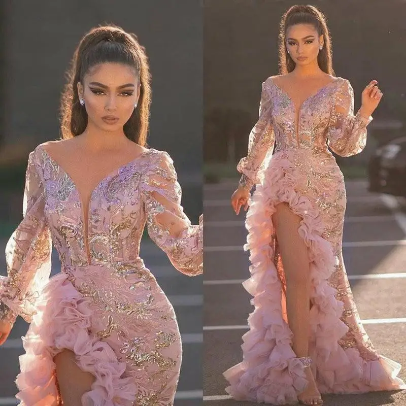 

Sexy Mesh Tail Sequin Split Pink Evening Gown Women's Fashion Cross-Border High Waist Small Train Wedding Dress