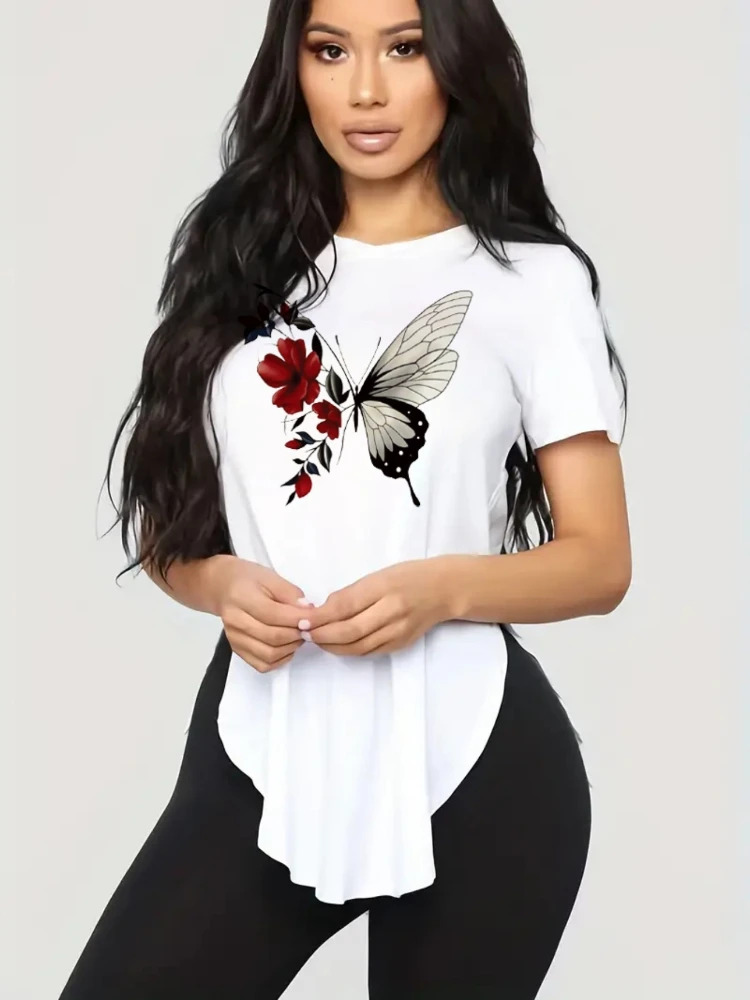 

Plus Size Women Shirt 2025 Summer Butterfly Pattern Printed Sweat Loose Casual Tee Short Sleeve O Neck Female T-shirt Streetwear
