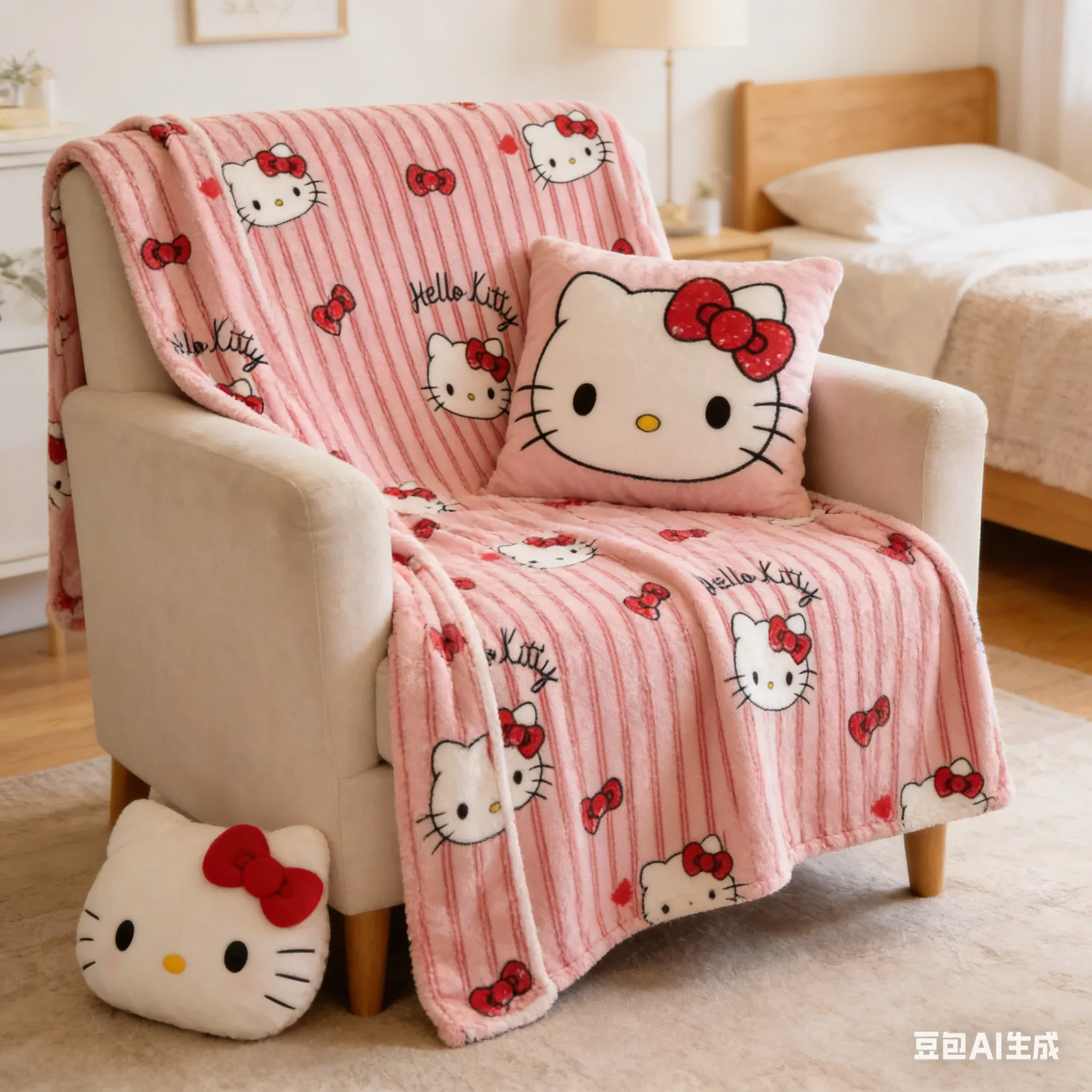 Kitty Pink Striped Flannel Blanket Red Bow Cat Print Soft Throw Kawaii Sanrio Decor for Bedroom  Living Room