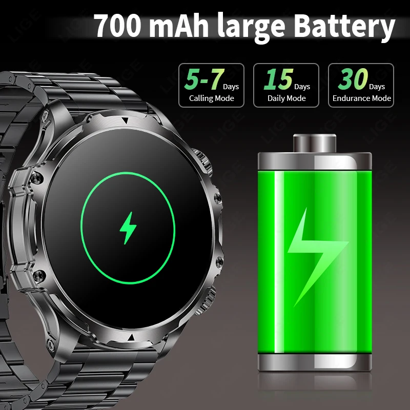 LIGE New GPS LED 700MAH Battery Sports Smartwatch Men 1.90'' HD Screen Heart Rate Blood Oxygen Health Smart Watch LED Flashlight