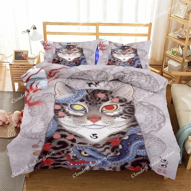Samurai Cat Tattoo 3D Print Bedding Set Duvet Covers Pillowcases One Piece Comforter Bedding Sets Bedclothes Bed