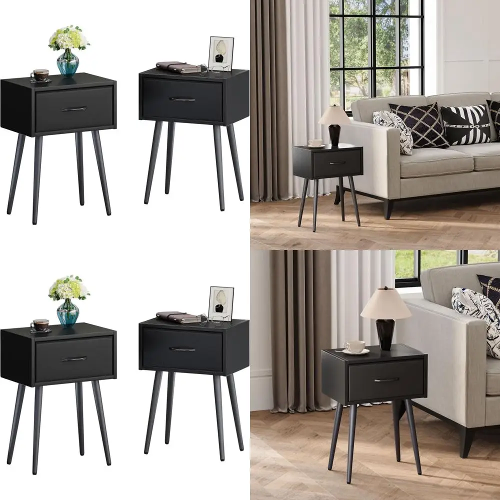 

Pair of Modern Fabric Drawer Nightstands, Metal Leg Accent Tables for Bedroom, Living Room, and Office LNT504B