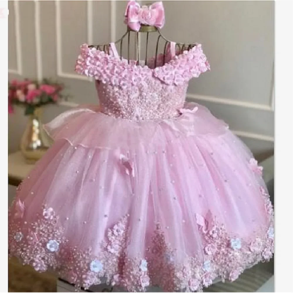 Baby Child Dresses Off spalla perle pizzo farfalle Flower Girl Dress Infant First Birthday Party Gown comunione Prom