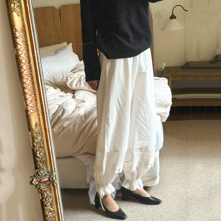 Elegant Loose Apricot Lantern Pants For Woman 2026 Autumn Street Chic Long Lace Up Pants Casual Sheer Elastic Waist Trousers