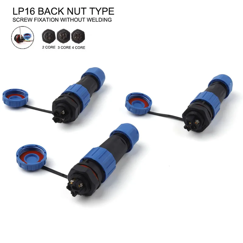 LP/SP16 waterproof connector back Nut Type 2/3/4 Pin IP68 No welding Screw Splicing connectors plug and socket Panel Mount