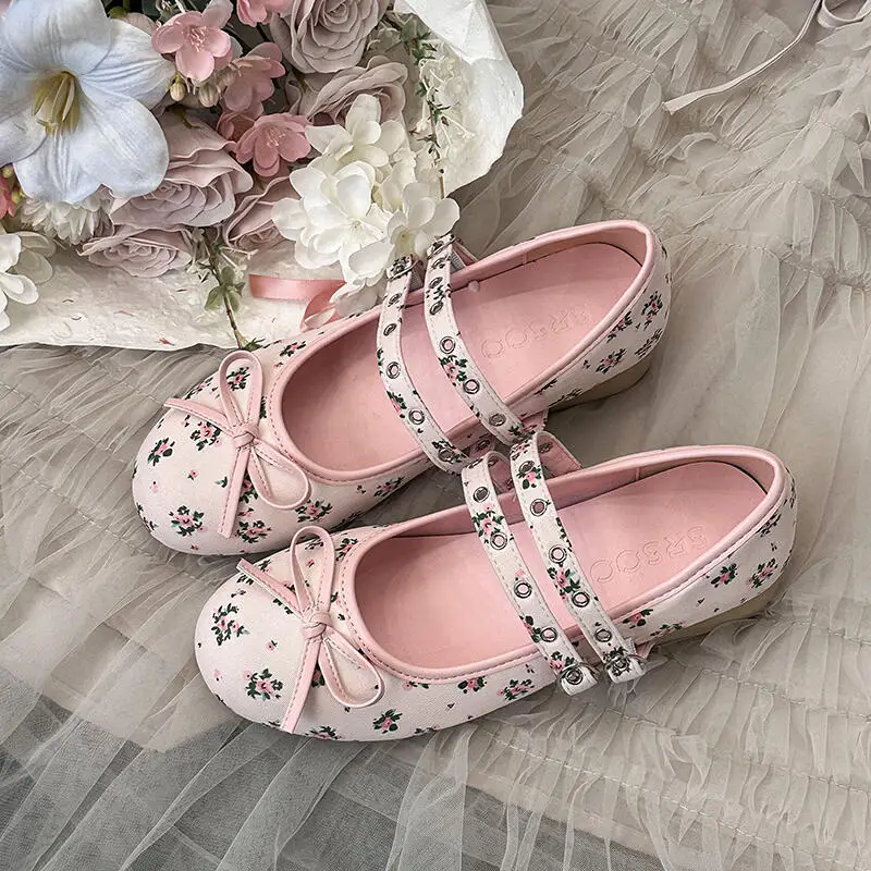 Baroque Pink Floral Pattern Low Heel Mary Jane Shoes Women Summer 2026 Comfort Silver Bowknot Ballet Flats Woman's Lolita Shoes