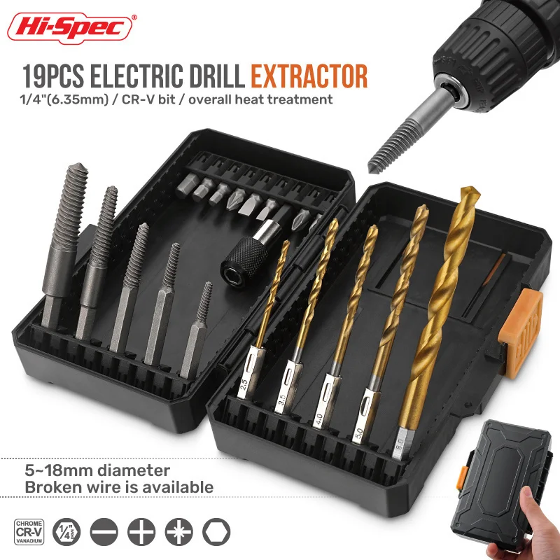 Hi-Spec Screw Extractor and Left Hand Drill Bit Set - Cobalt HSS Drill Bits, Alloy Extractors