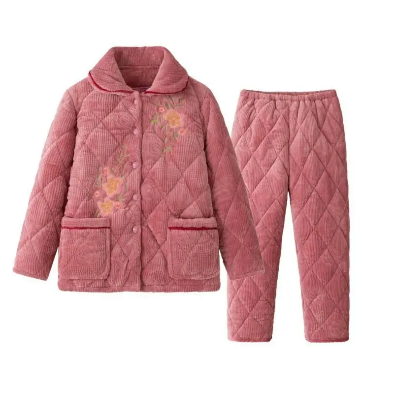 Lady Winter Super Thick Sleepwear Bathrobe 2Pcs Warm Shirt&pants Nightwear Casual Print Lapel Homewear Loungewear Plus Size 3Xl